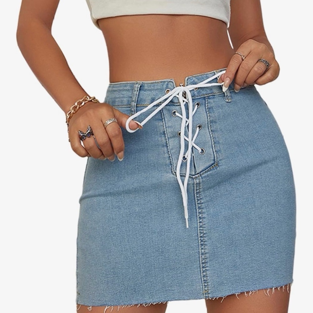 85% Cotton Stylish Blue Denim Skirt with Lace up size S